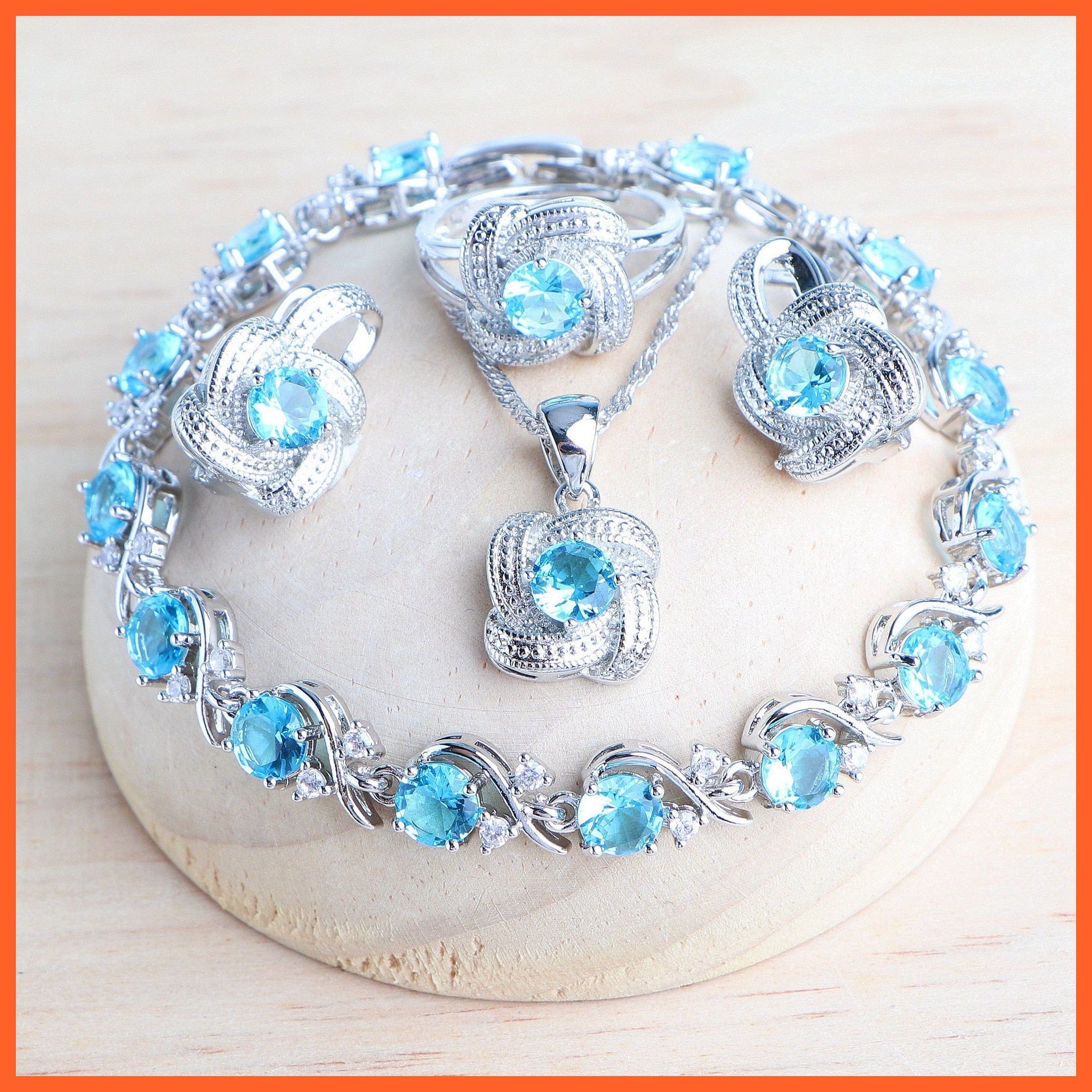 whatagift.com.au 4PCS-Sky Blue / Resizable Blue Zirconia 925 Sterling Silver Earrings Rings Bracelets Pendant Necklace Set For Women