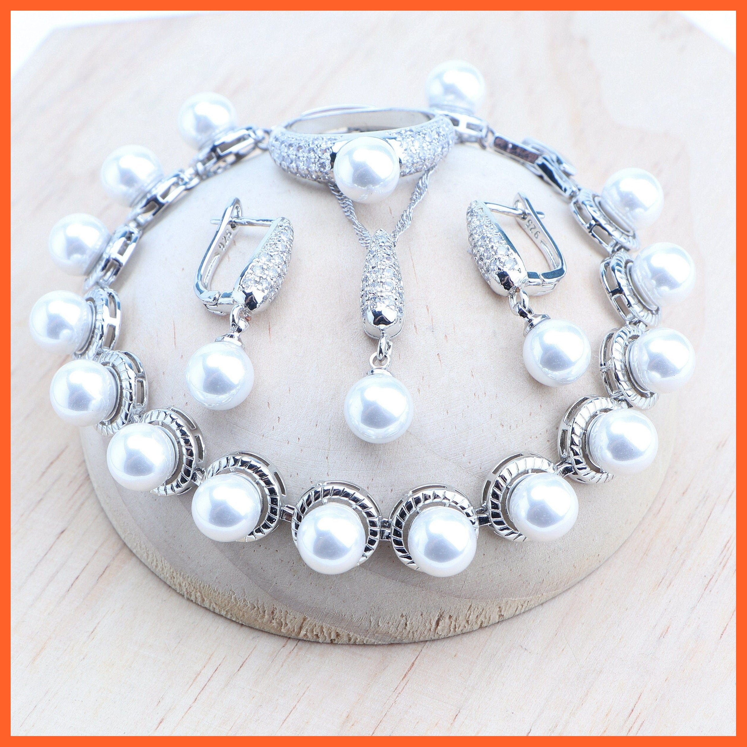 whatagift.com.au 4PCS-White / 6 Black Pearls 925 Silver Ring Bracelets Earrings Pendants Necklace Set For Women | Best Gift for Women Day Mothers Day Valentines Day