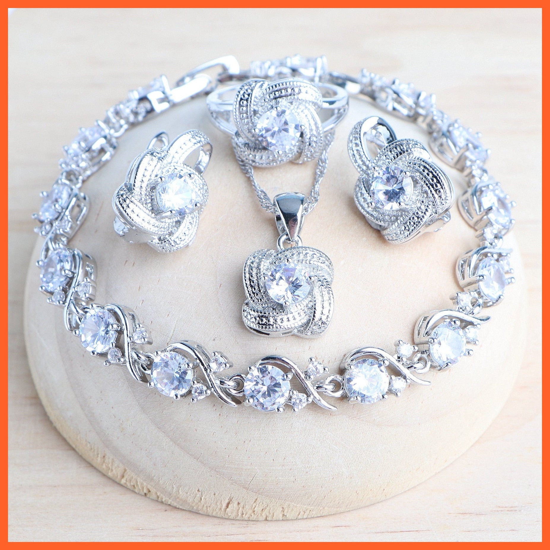 whatagift.com.au 4PCS-White / Resizable Blue Zirconia 925 Sterling Silver Earrings Rings Bracelets Pendant Necklace Set For Women