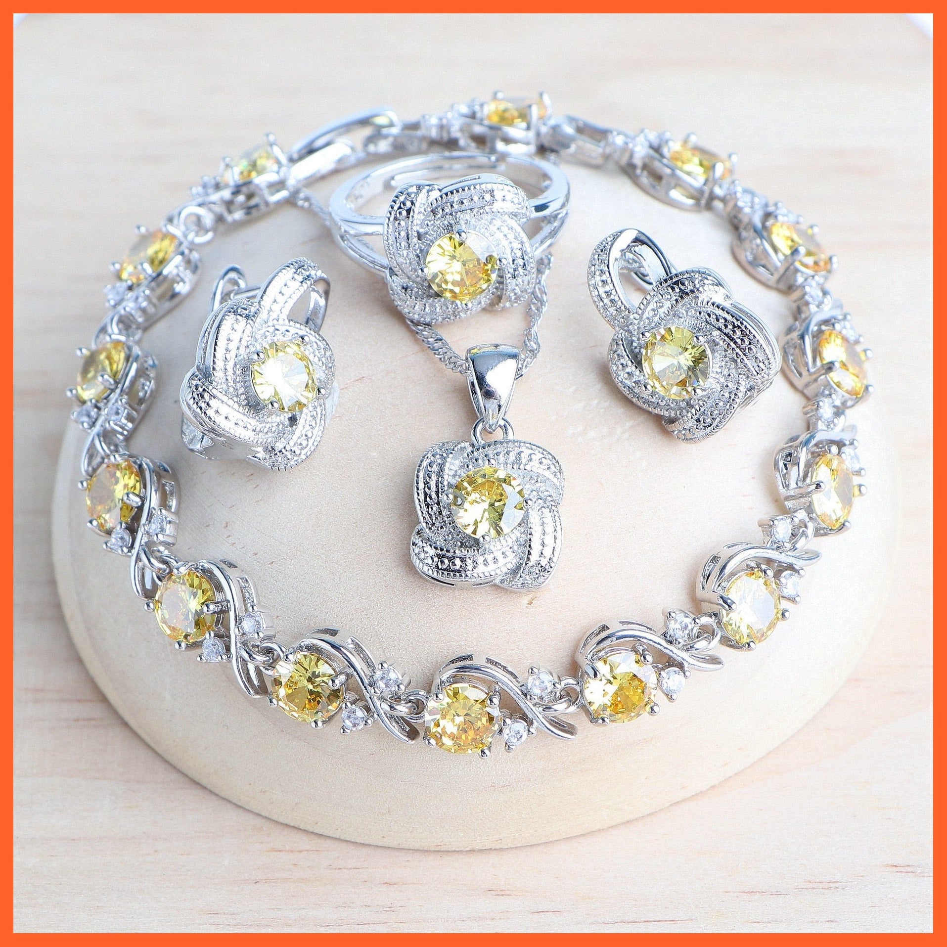 whatagift.com.au 4PCS-Yellow / Resizable Blue Zirconia 925 Sterling Silver Earrings Rings Bracelets Pendant Necklace Set For Women