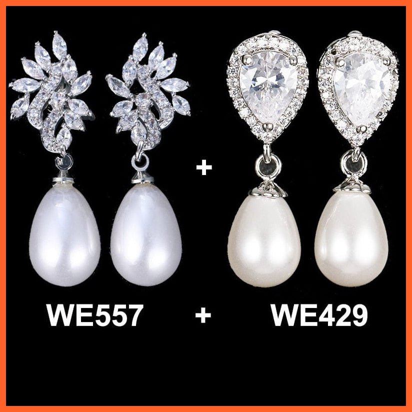 whatagift.com.au 557 And 429 White Imitation Pearl Drop Earrings with Cubic Zirconia For Women
