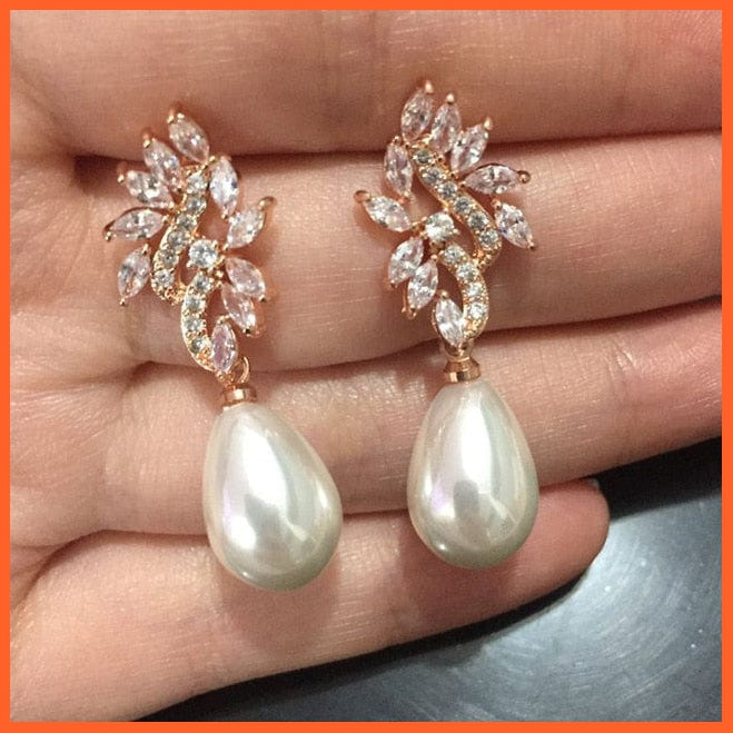 whatagift.com.au 557 Rose Gold Imitation Pearl Drop Earrings with Cubic Zirconia For Women