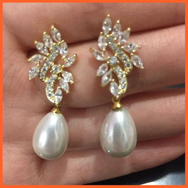 whatagift.com.au 557 Yellow Gold Imitation Pearl Drop Earrings with Cubic Zirconia For Women