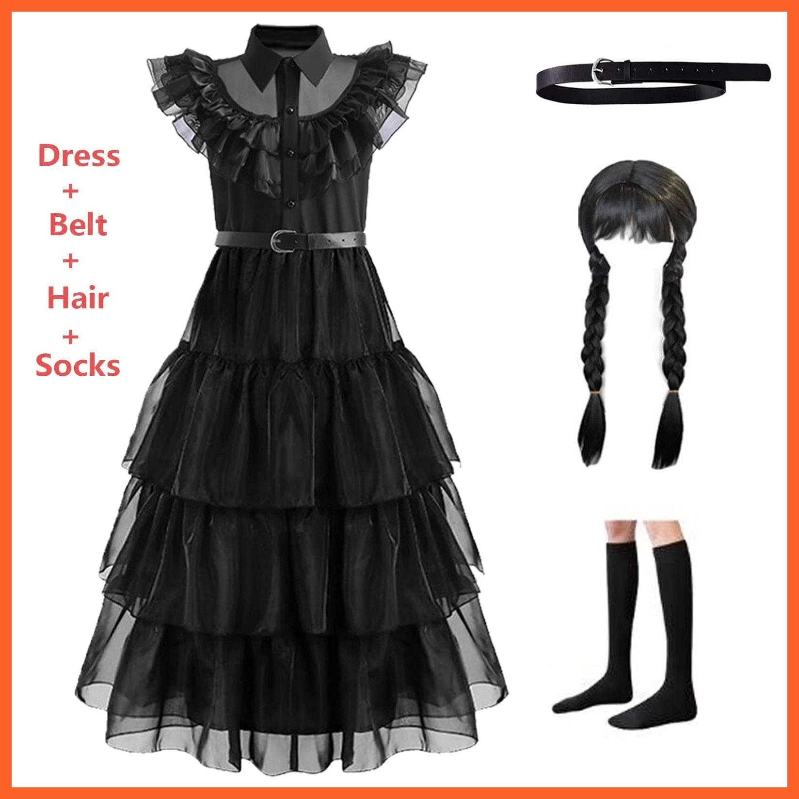 whatagift.com.au 5T 110 / dress belt hair sock Wednesday Addams Cosplay Costume For Carnival Halloween For Girl
