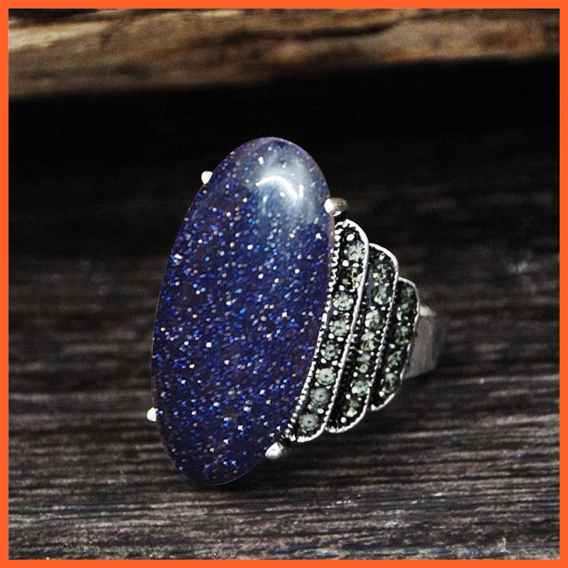 whatagift.com.au 7 / Blue Sequins Stone Vintage Natural Eye Shape Rhinestone Rings For Women | Real Antique Silver Plated Natural Stone