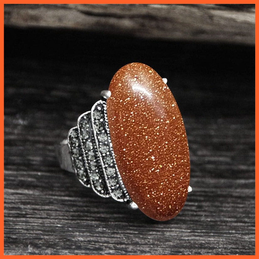 whatagift.com.au 7 / Golden Sequins stone Vintage Natural Eye Shape Rhinestone Rings For Women | Real Antique Silver Plated Natural Stone