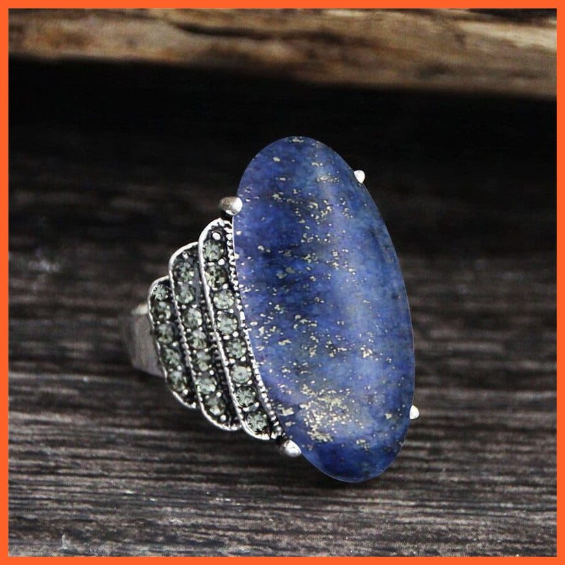 whatagift.com.au 7 / Natural Dark Lapis Vintage Natural Eye Shape Rhinestone Rings For Women | Real Antique Silver Plated Natural Stone