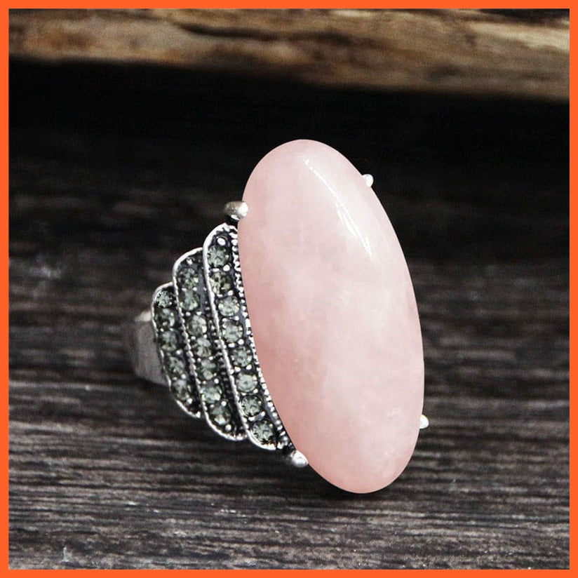 whatagift.com.au 7 / Natural Pink Quartz Vintage Natural Eye Shape Rhinestone Rings For Women | Real Antique Silver Plated Natural Stone