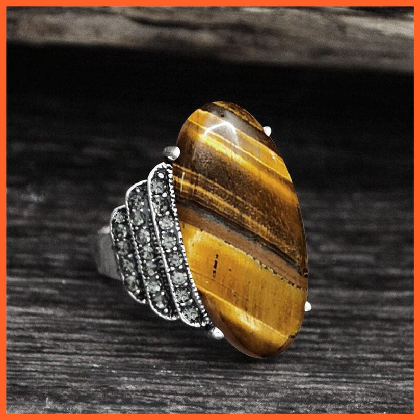 whatagift.com.au 7 / Natural Tiger Eye Vintage Natural Eye Shape Rhinestone Rings For Women | Real Antique Silver Plated Natural Stone