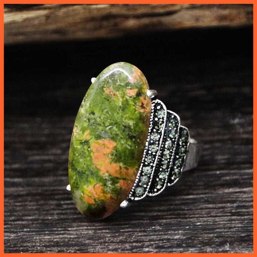 whatagift.com.au 7 / Natural Unakite Vintage Natural Eye Shape Rhinestone Rings For Women | Real Antique Silver Plated Natural Stone