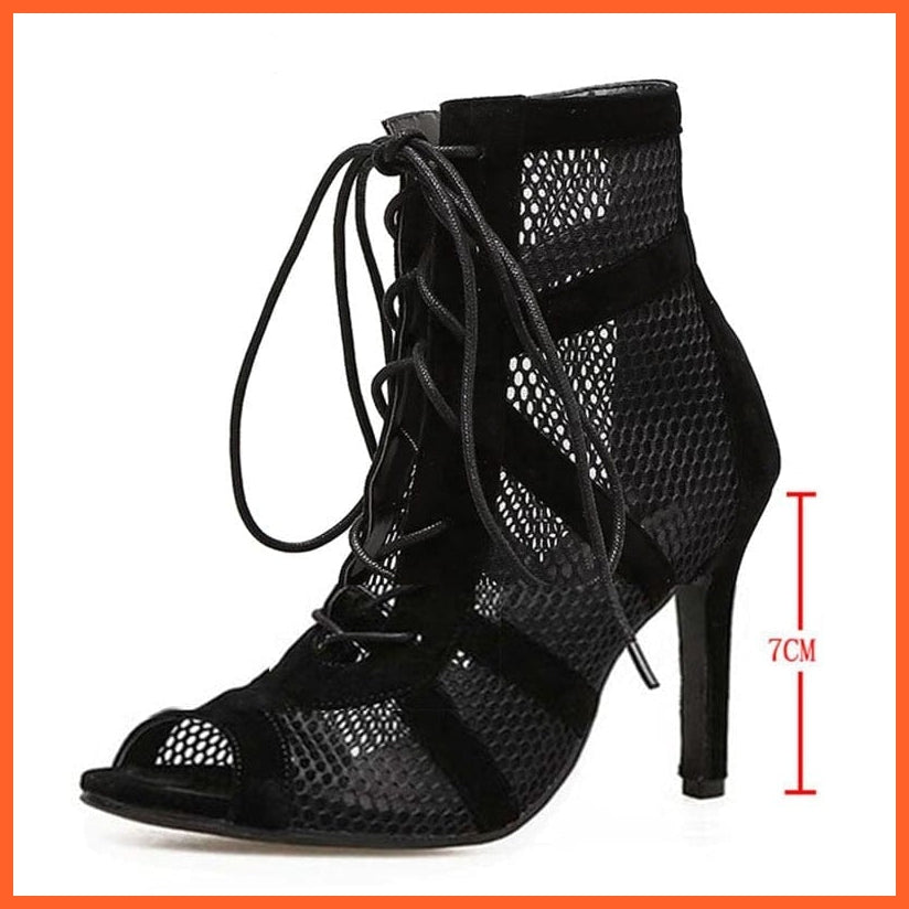 whatagift.com.au 7CM-Black / 4 Aneikeh 2022 Fashion Basic Sandals Boots Women High Heels Pumps Sexy Hollow Out Mesh Lace-Up Cross-tied Boots Party Shoes 35-42
