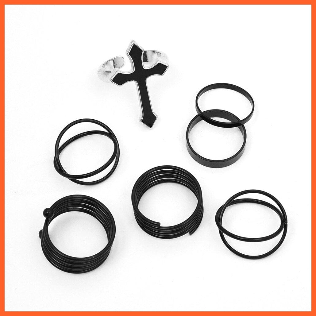 whatagift.uk 7pcs Joint Cross Adjustable Ring Black Metal Punk Rings Set