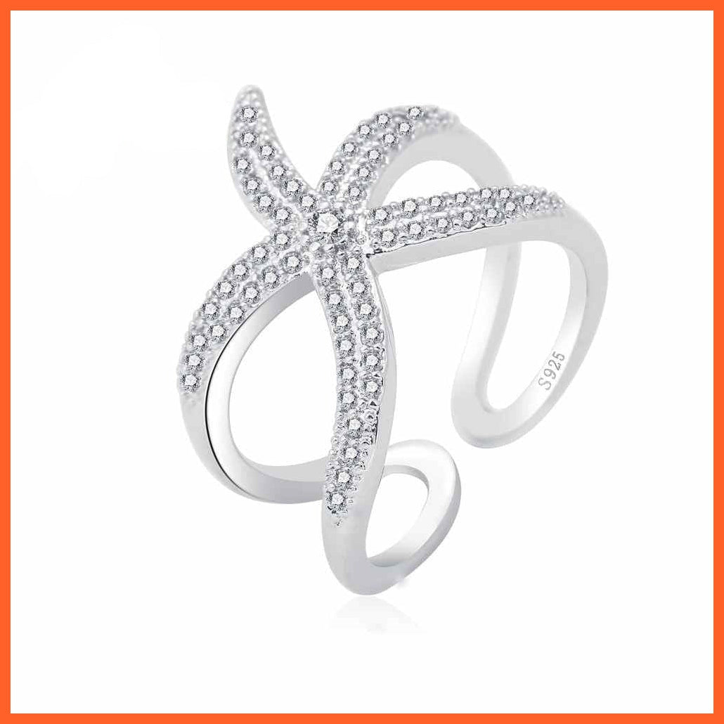 whatagift.com.au 925 Sterling Silver Big Starfish Paved Shiny White Crystals Adjustable Ring