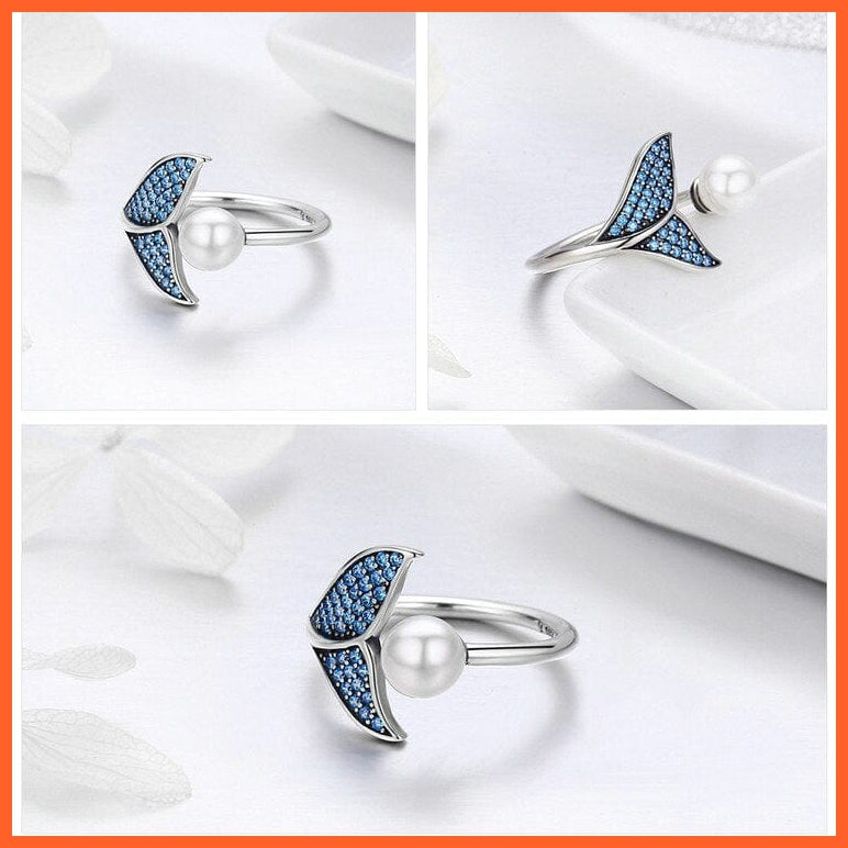 whatagift.com.au 925 Sterling Silver Blue CZ Dolphin Tail Opening Finger Ring | Shell Pearl Adjustable Ring for Women