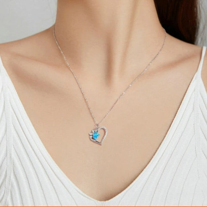 whatagift.com.au 925 Sterling Silver Blue Zircon Heart Paw Dazzling Pendant Necklace for Women