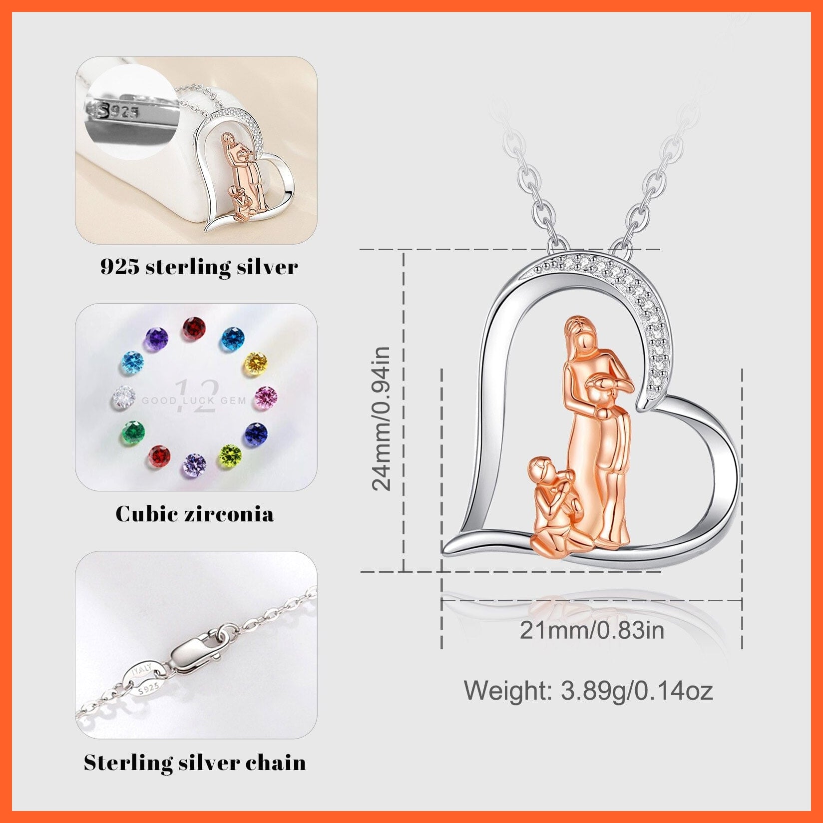 whatagift.com.au 925 Sterling Silver Mother Kids Necklace Heart Pendant