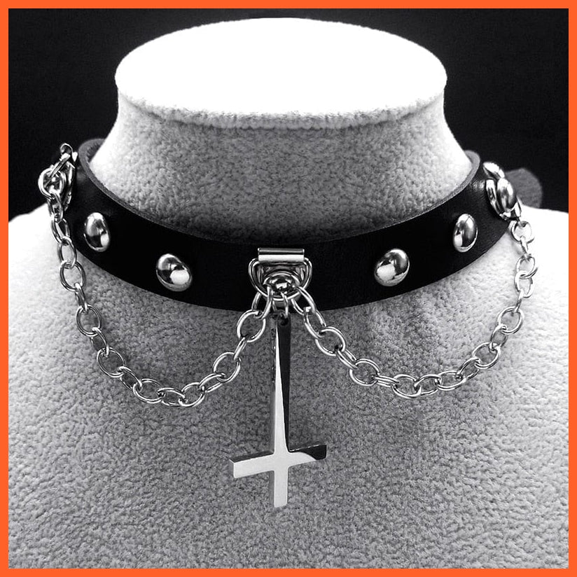whatagift.uk A 39CM SR Harajuku Choker Goth Satan Inverted Peter's Cross Necklace Stainless Steel PU Leather Cosplay Anime Necklaces Jewelry Gift NXS03