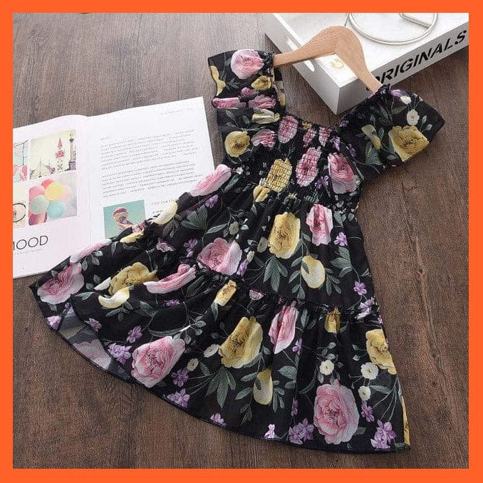 whatagift.com.au AH4911 Black / 2T Short Sleeve Flowers Embroidery Girls Dress