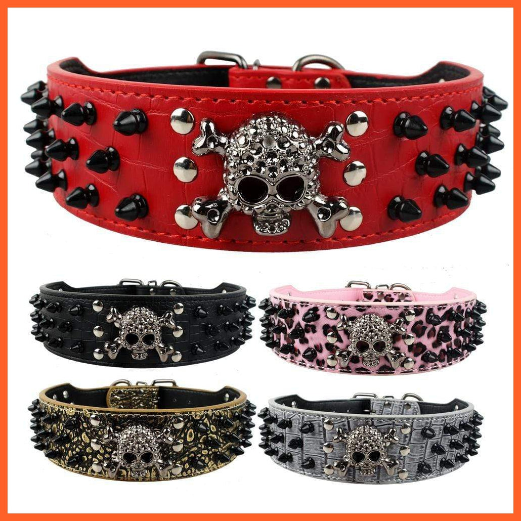 2" Wide Spiked Studded Leather Dog Collar | Bullet Rivets With Cool Skull Pet Accessories | For Medium Large Dogs Pitbull Boxer S-Xl | whatagift.com.au.
