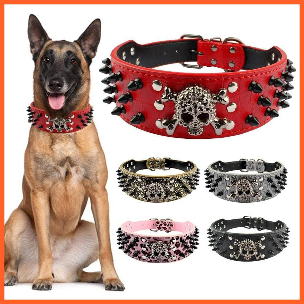 2" Wide Spiked Studded Leather Dog Collar | Bullet Rivets With Cool Skull Pet Accessories | For Medium Large Dogs Pitbull Boxer S-Xl | whatagift.com.au.