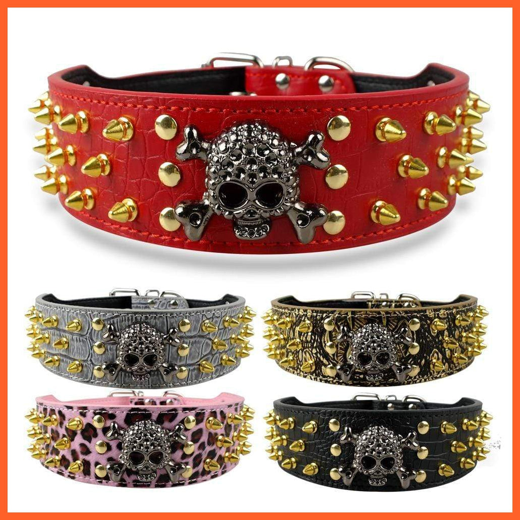 2" Wide Spiked Studded Leather Dog Collar | Bullet Rivets With Cool Skull Pet Accessories | For Medium Large Dogs Pitbull Boxer S-Xl | whatagift.com.au.