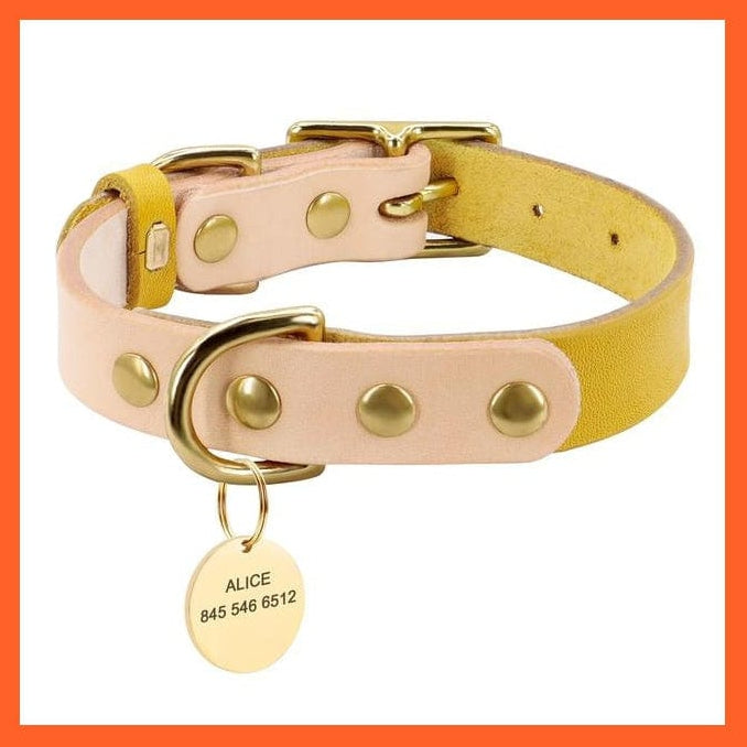 whatagift.com.au Animals & Pet Supplies Yellow / S Dog Cat Personalized Leather Collar | Custom Pet Engraved Id  Dog Collar Tags