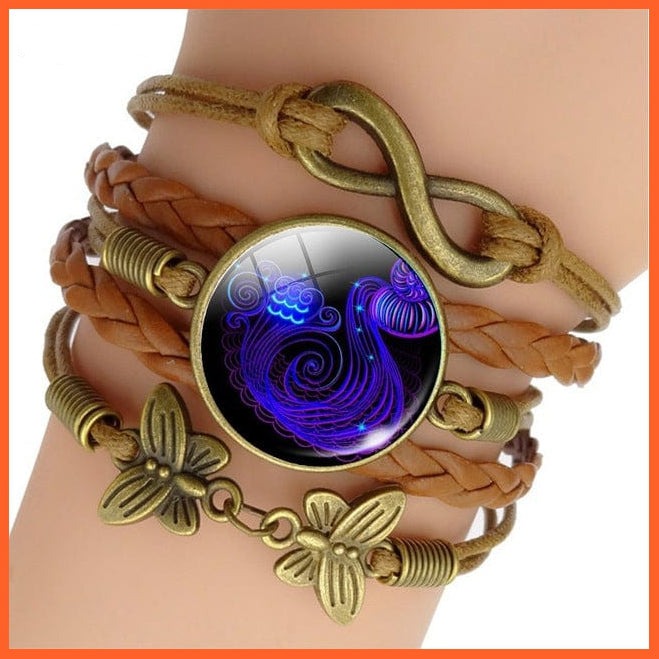 whatagift.com.au Aquarius 12 Zodiac Sign Woven Leather Bracelet