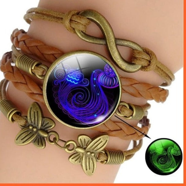 whatagift.com.au Aquarius Luminous 12 Zodiac Sign Woven Leather Bracelet