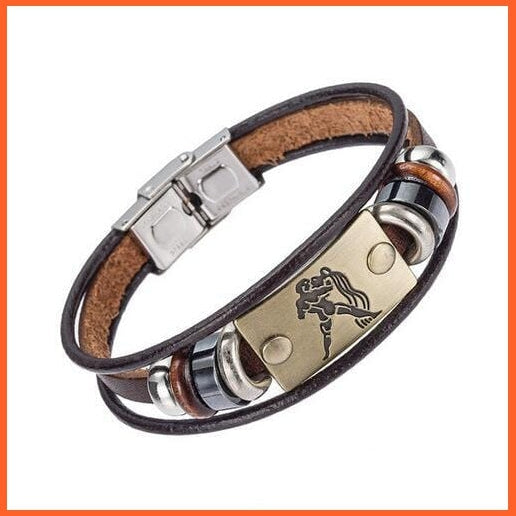 whatagift.com.au Aquarius Unisex Stainless Steel 12 Zodiac Signs Genuine Leather Bracelet