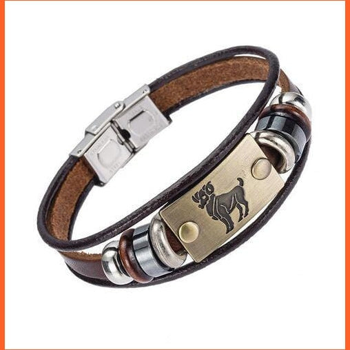 whatagift.com.au Aries Unisex Stainless Steel 12 Zodiac Signs Genuine Leather Bracelet