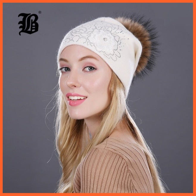 Women'S Winter Rabbit Fur Wool Flowers Style Knitted Hat | Female Mink Pom Pom Hats For Women Gorros Beanies | whatagift.com.au.