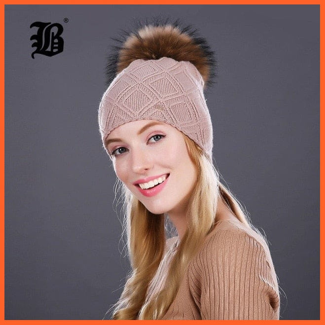 Women'S Winter Pompom Fur Silk Hats |  Beanies Female Decor Hat Wool Knitted Warm Caps Skullies Beanies | whatagift.com.au.