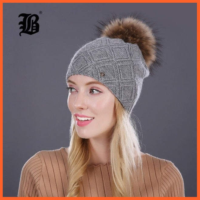 Winter Fur Beanies Cap Pompom Hat For Women | Cashmere Wool Cotton Hat Big Real Raccoon Fur Pom Poms Mink Fur Winter Hat | whatagift.com.au.
