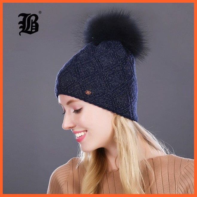 Women'S Winter Pompom Fur Silk Hats |  Beanies Female Decor Hat Wool Knitted Warm Caps Skullies Beanies | whatagift.com.au.
