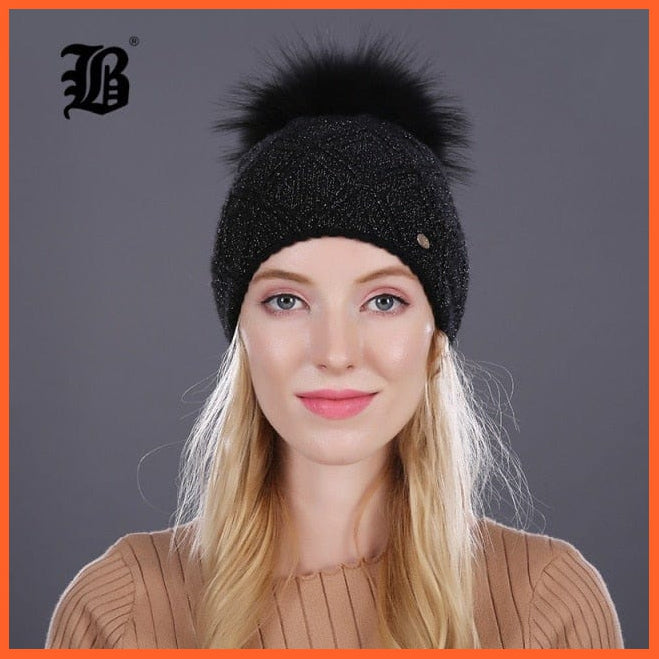 Winter Fur Beanies Cap Pompom Hat For Women | Cashmere Wool Cotton Hat Big Real Raccoon Fur Pom Poms Mink Fur Winter Hat | whatagift.com.au.