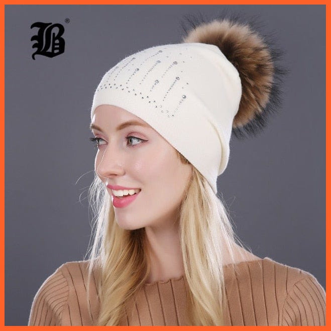 Winter Hat For Women | Rabbit Fur Wool Knitted Hat Beanies Real Mink Fur Pom Poms Rhinestone Skullies Girls Hats | whatagift.com.au.