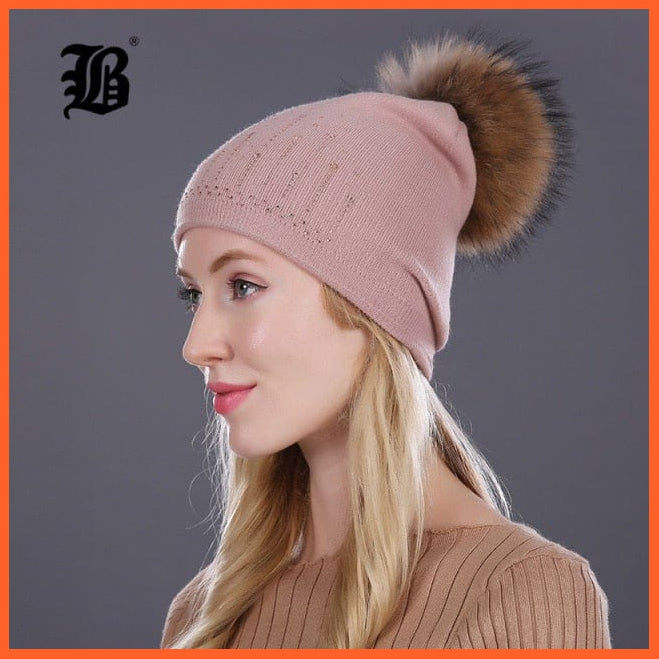 Winter Hat For Women | Rabbit Fur Wool Knitted Hat Beanies Real Mink Fur Pom Poms Rhinestone Skullies Girls Hats | whatagift.com.au.