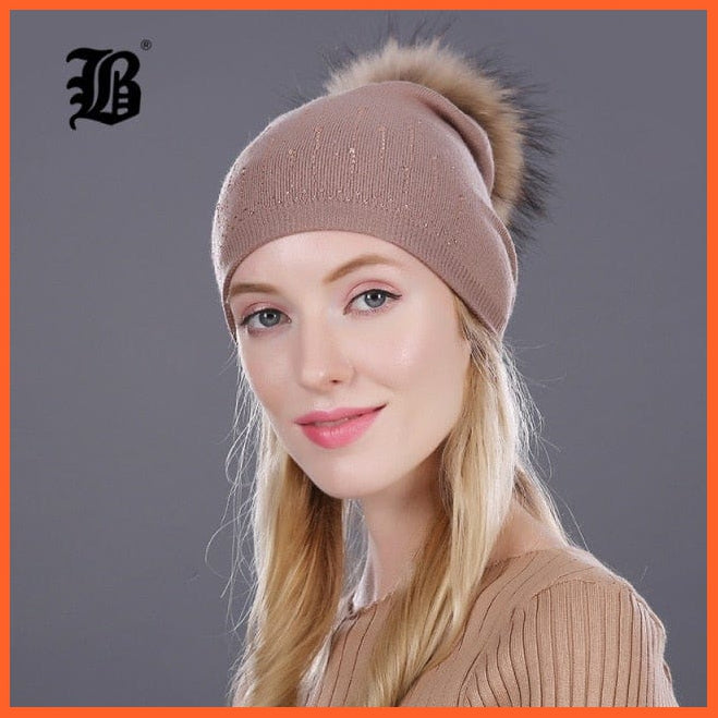 Winter Hat For Women | Rabbit Fur Wool Knitted Hat Beanies Real Mink Fur Pom Poms Rhinestone Skullies Girls Hats | whatagift.com.au.