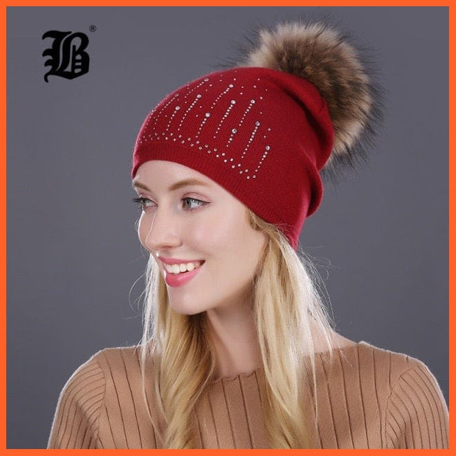 Winter Hat For Women | Rabbit Fur Wool Knitted Hat Beanies Real Mink Fur Pom Poms Rhinestone Skullies Girls Hats | whatagift.com.au.