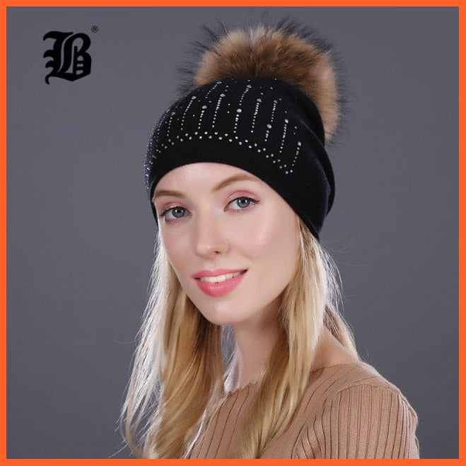 Winter Hat For Women | Rabbit Fur Wool Knitted Hat Beanies Real Mink Fur Pom Poms Rhinestone Skullies Girls Hats | whatagift.com.au.