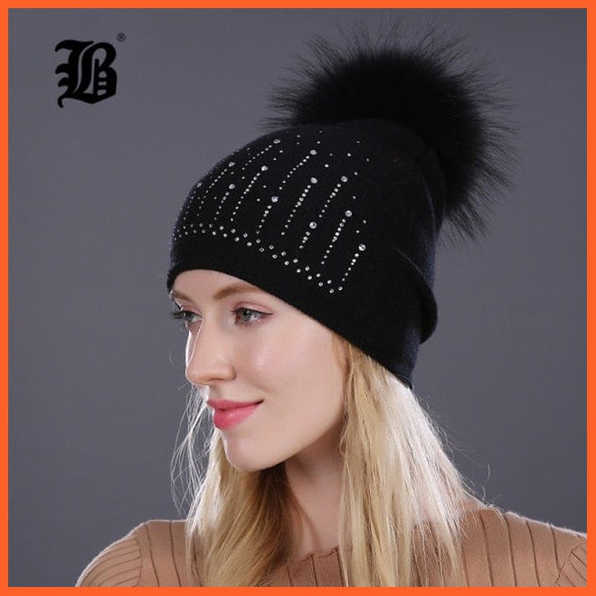 Winter Hat For Women | Rabbit Fur Wool Knitted Hat Beanies Real Mink Fur Pom Poms Rhinestone Skullies Girls Hats | whatagift.com.au.