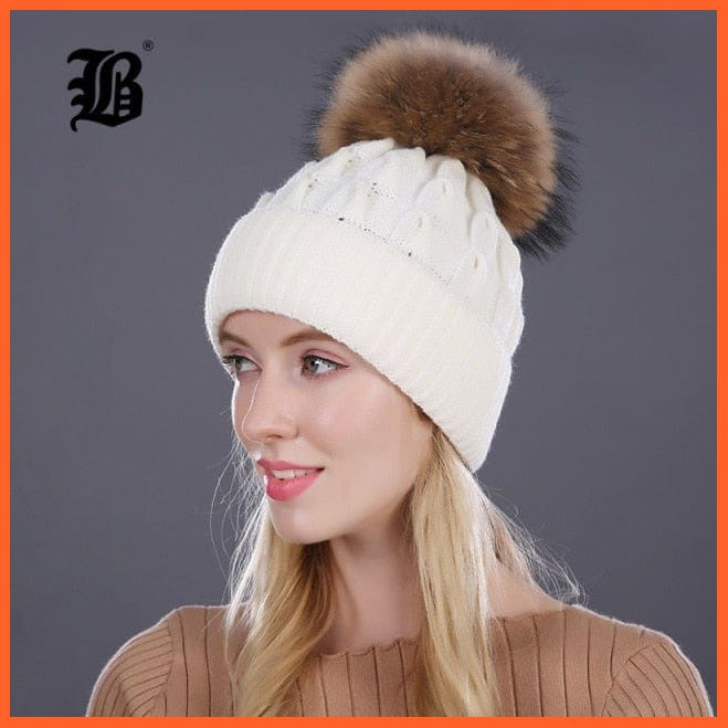 Women'S Winter Hat Knitted Wool Hats | Girls Winter Real Mink Fur Pom Poms Beanies Brand New Thick Female Caps | whatagift.com.au.