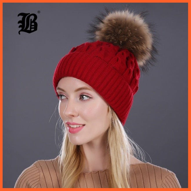 Women'S Winter Hat Knitted Wool Hats | Girls Winter Real Mink Fur Pom Poms Beanies Brand New Thick Female Caps | whatagift.com.au.