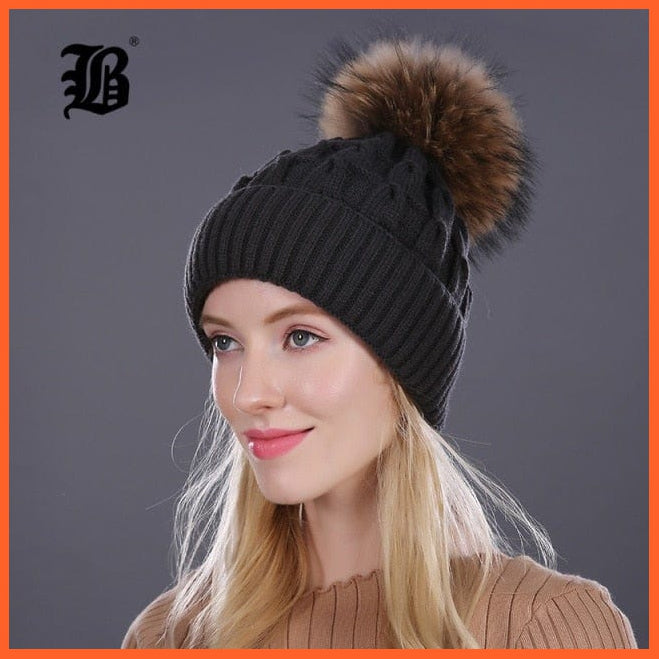 Women'S Winter Hat Knitted Wool Hats | Girls Winter Real Mink Fur Pom Poms Beanies Brand New Thick Female Caps | whatagift.com.au.