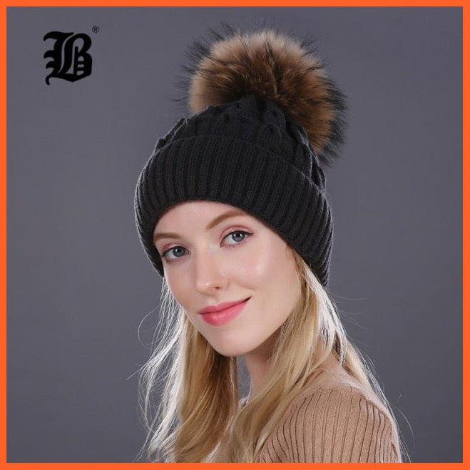 Women'S Winter Hat Knitted Wool Hats | Girls Winter Real Mink Fur Pom Poms Beanies Brand New Thick Female Caps | whatagift.com.au.