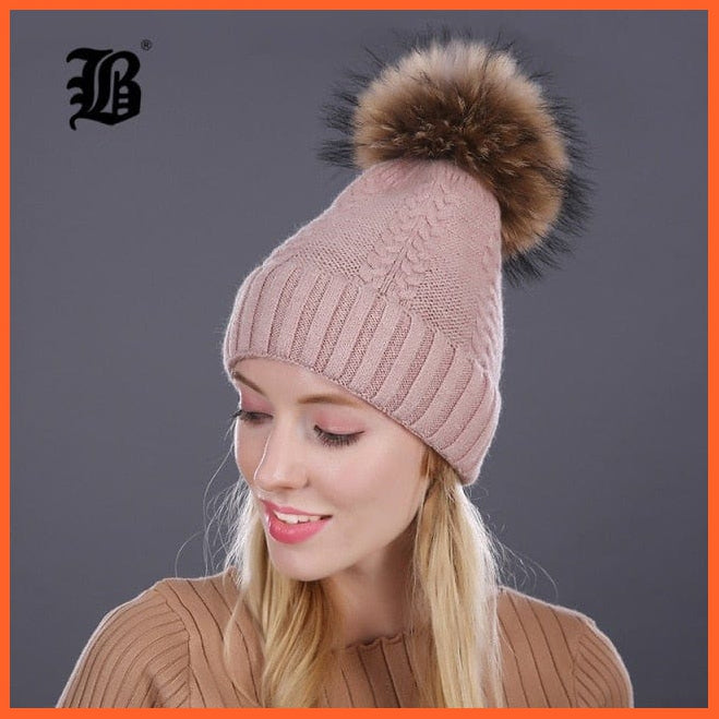 Real Mink Fur Pom Poms Winter Hat | Womens Knitted Wool Hats  Beanie  Brand New Thick Bonnet Caps | whatagift.com.au.