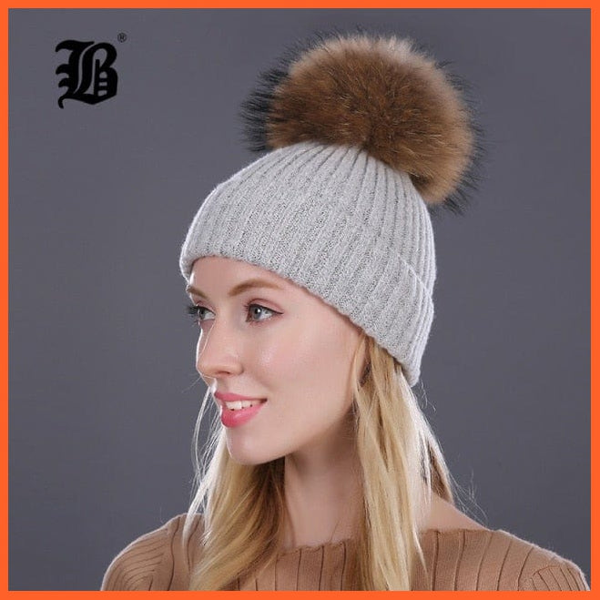 Women Winter Hats Real Mink Fur Pom Poms | Girls Hats Wool Knitted Beanies Cap Solid Colors Cap Female Causal Hats | whatagift.com.au.