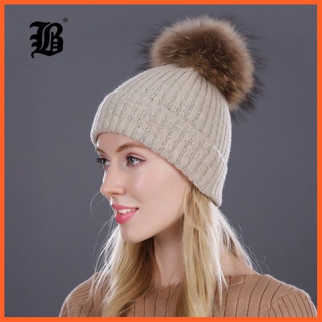 Women Winter Hats Real Mink Fur Pom Poms | Girls Hats Wool Knitted Beanies Cap Solid Colors Cap Female Causal Hats | whatagift.com.au.