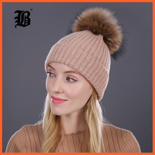 Women Winter Hats Real Mink Fur Pom Poms | Girls Hats Wool Knitted Beanies Cap Solid Colors Cap Female Causal Hats | whatagift.com.au.