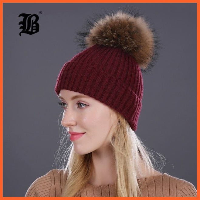 Women Winter Hats Real Mink Fur Pom Poms | Girls Hats Wool Knitted Beanies Cap Solid Colors Cap Female Causal Hats | whatagift.com.au.